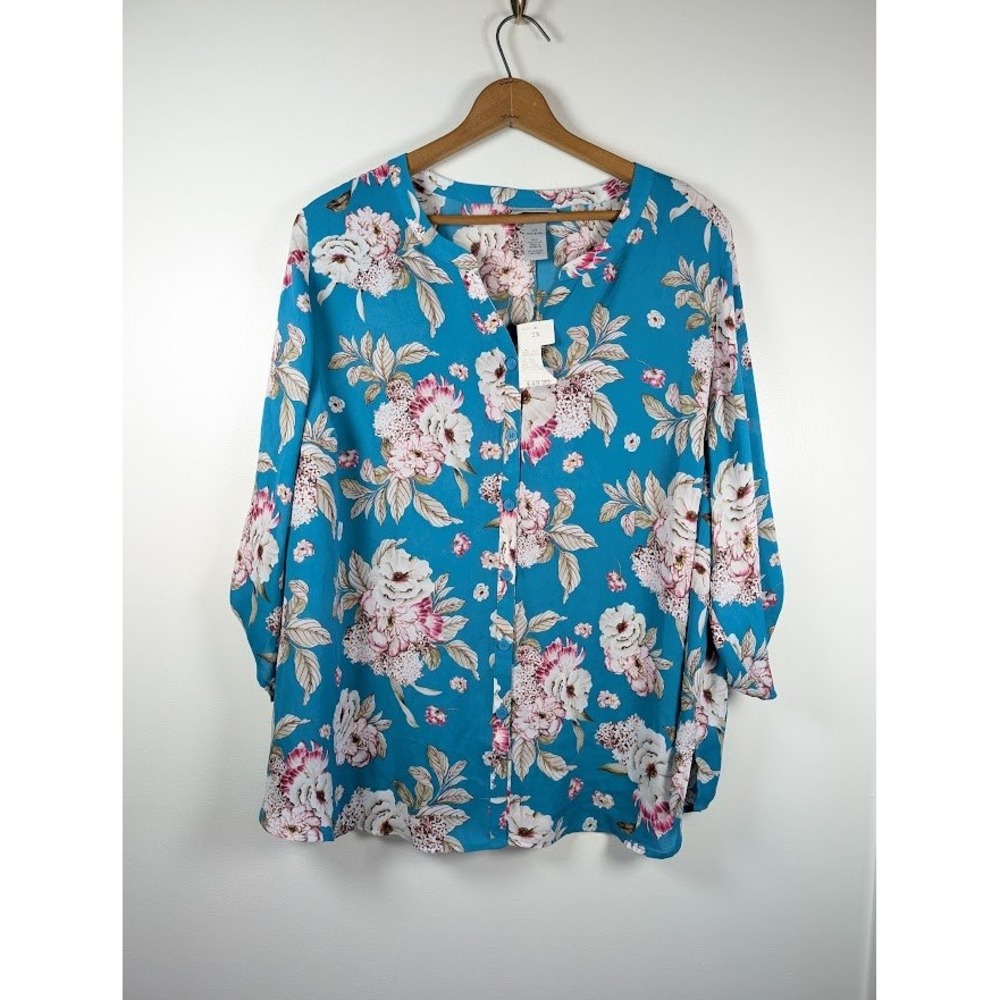 Catherines Tunic Top Women Size‎ 2X 22/24 Boho Floral 3/4 Sleeve Cottagecore NEW